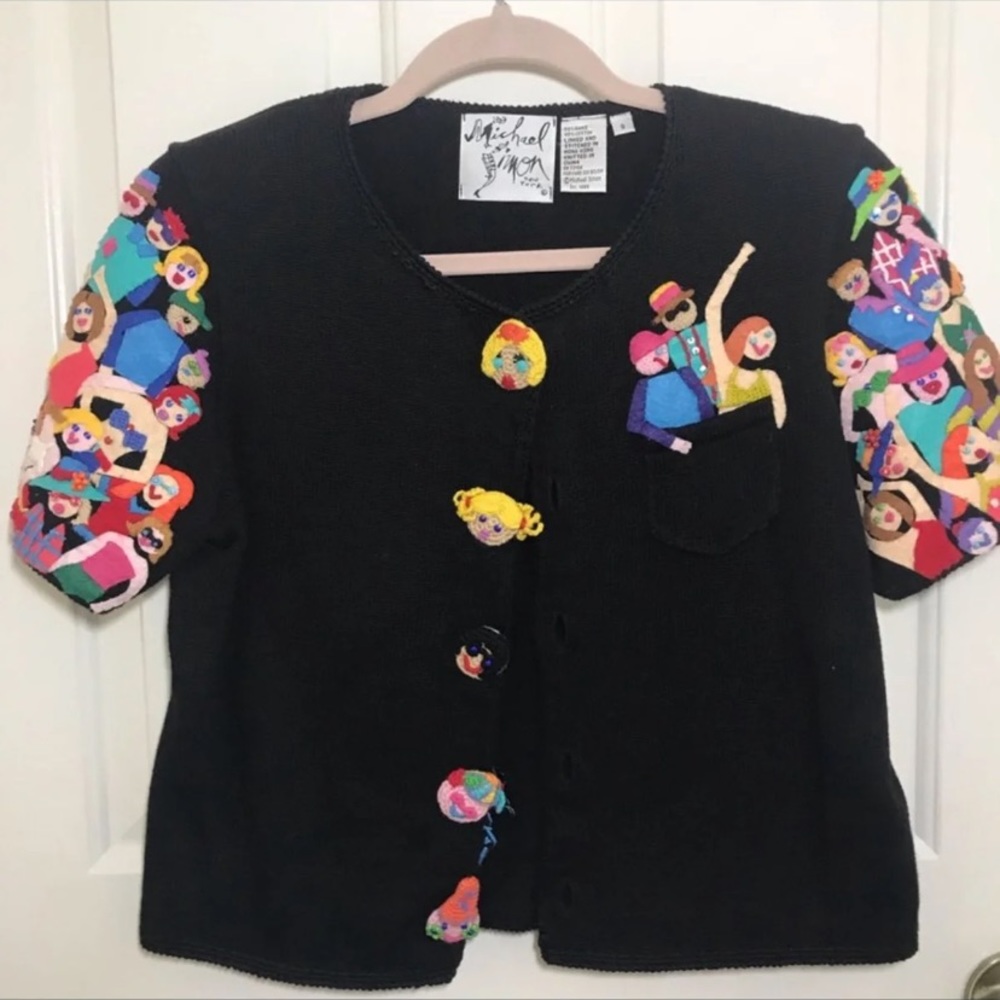 HTF Rare Michael Simon Sweater Top Happy People Family Friends sz Small vintage